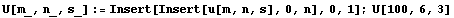 U[m_, n_, s_] := Insert[Insert[u[m, n, s], 0, n], 0, 1] ; U[100, 6, 3]