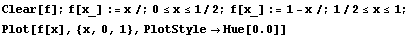 Clear[f] ; f[x_] := x /; 0 <= x <= 1/2 ; f[x_] := 1 - x /; 1/2 <= x <= 1 ; Plot[f[x], {x, 0, 1}, PlotStyle -> Hue[0.0]]