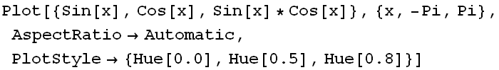Plot[{Sin[x], Cos[x], Sin[x] * Cos[x]}, {x, -Pi, Pi}, AspectRatio -> Automatic, PlotStyle -> {Hue[0.], Hue[0.5], Hue[0.8]}]
