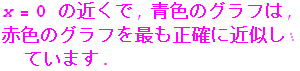 StyleBox[RowBox[{RowBox[{Cell[TextData[Cell[BoxData[x = 0 ]]]], ̋߂}], ,, F̃Ot, ,, ԐF̃OtłmɋߎĂ܂ .}], Text, FontSize -> 18., FontColor -> RGBColor[1., 0., 1.]]